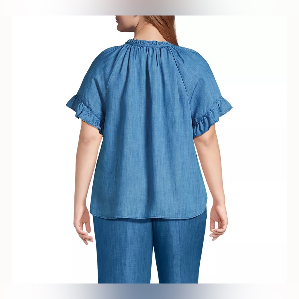 Lands’ End Chambray Ruffle Neck Blouse Medium - Picture 3 of 13